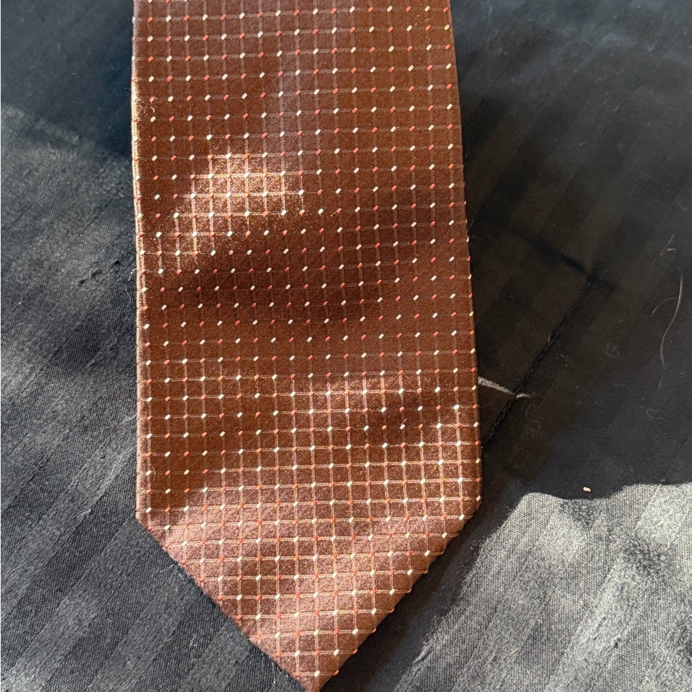 Geoffrey Beene Brown Tie with Small Grid and Subtle Dots